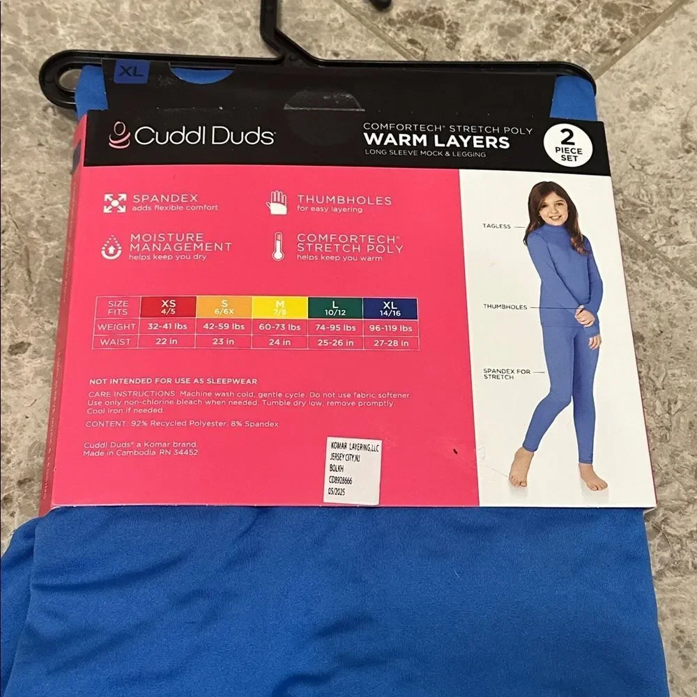 Cuddl Duds Warm Layers 2pc Mock Neck Leggings NEW Comfort Stretch Blue XL 14/16